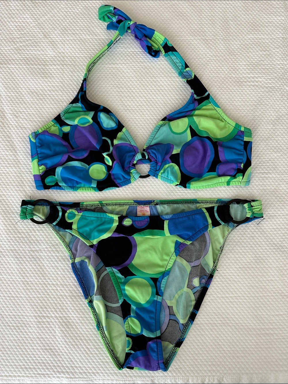 VENUS Retro Bubble Print Bikini Set | Ring Detail Halter